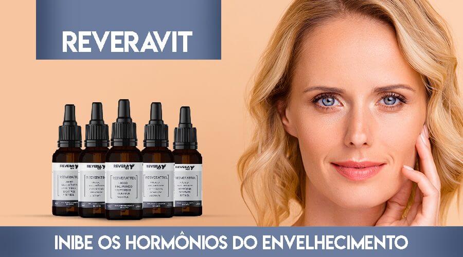 Banner com 5 frascos do produto Revera Vit e uma modelo loira de olhos claros.